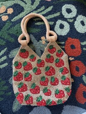 Beaded Strawberry Pattern Bag - Beige/Red